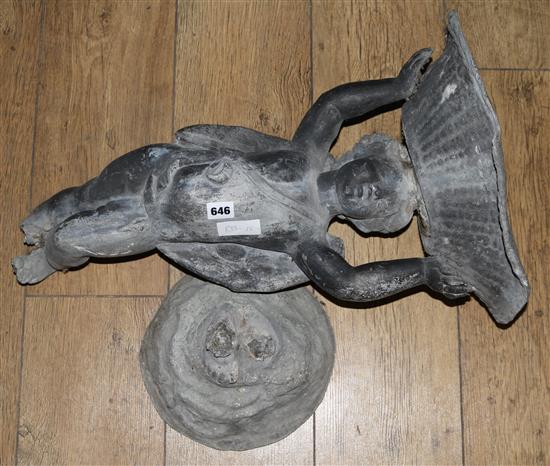 A lead figure bird bath, damaged